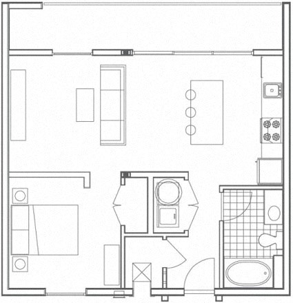Floor plan for 1 bed, 1 bath, 810 sqft